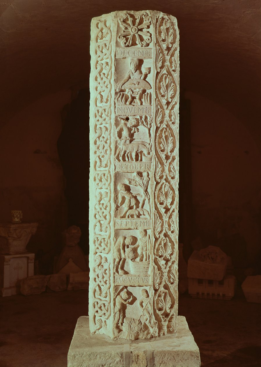عمود يوضح الأشهر من أغسطس إلى ديسمبر ، تقويم الموسم (انظر أيضًا 86213) بواسطة المدرسة الفرنسية