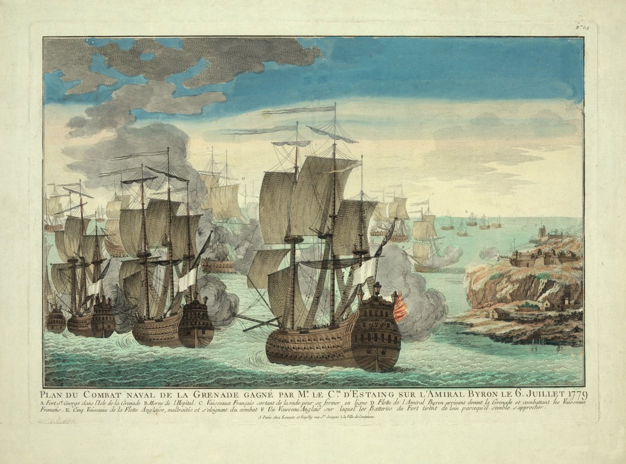 فازت خطة غرينادا القتالية البحرية بالسيد le Cte. من Estaing على الأدميرال بايرون 6 يوليو 1779 ، حانة. 1779 بواسطة المدرسة الفرنسية