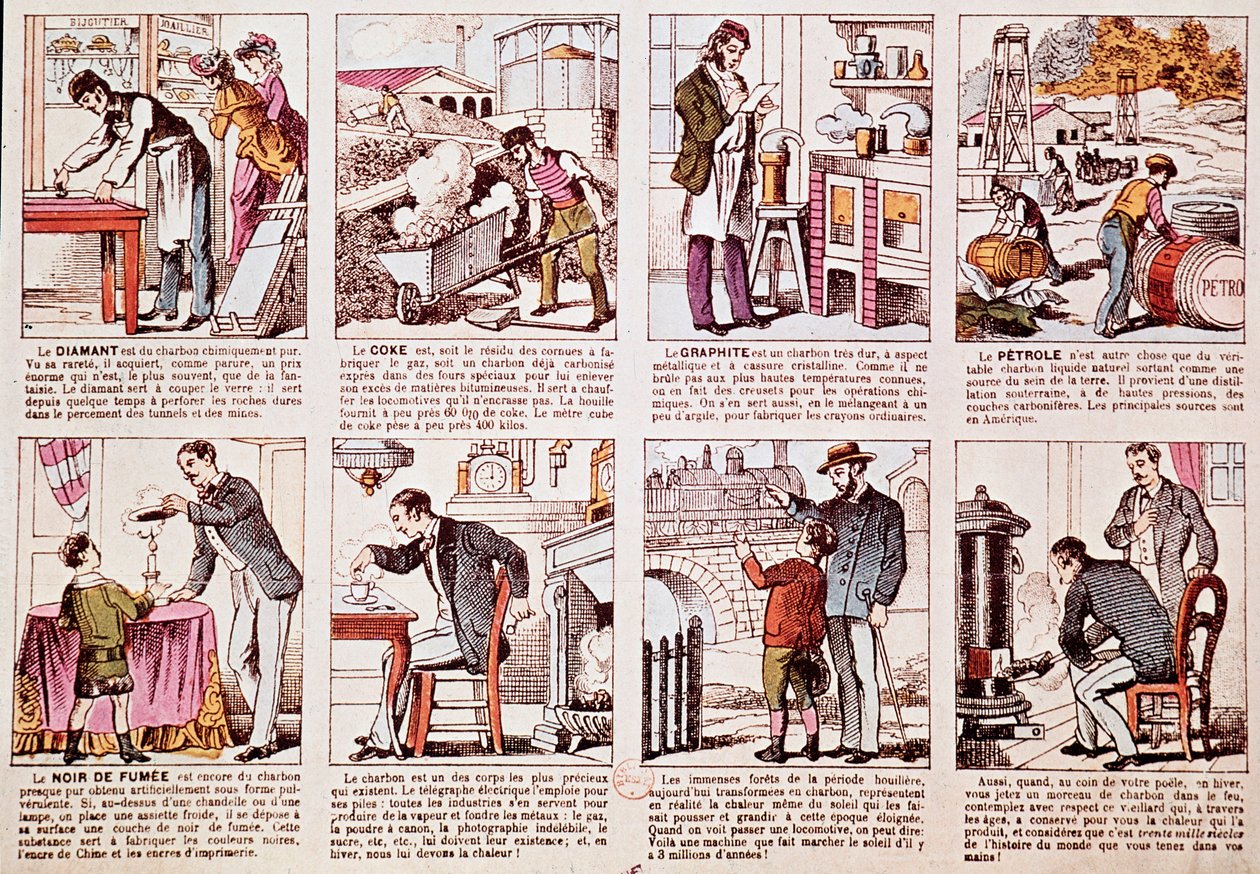 Plate describing the history of coal production and different derivatives as diamond, coke (fuel), graphite and oil (engraving بواسطة المدرسة الفرنسية