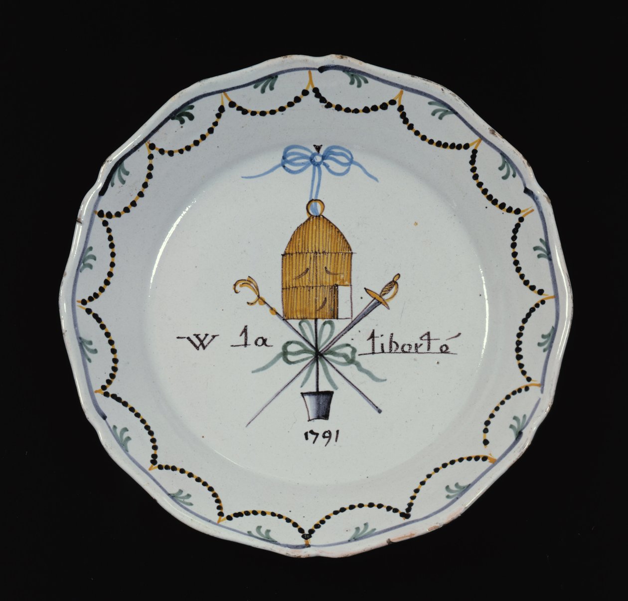 لوحة بقفص طائر مفتوح والأسطورة Vive la Liberte ، 1791 (سيراميك) بواسطة المدرسة الفرنسية