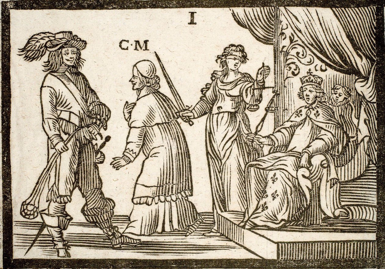 الكتيبات السياسية Mazarinade: Mazarin نفيه من قبل Justice and Sling ، وترك الملك (Louis XIII). نقش الخشب 1651. بواسطة المدرسة الفرنسية