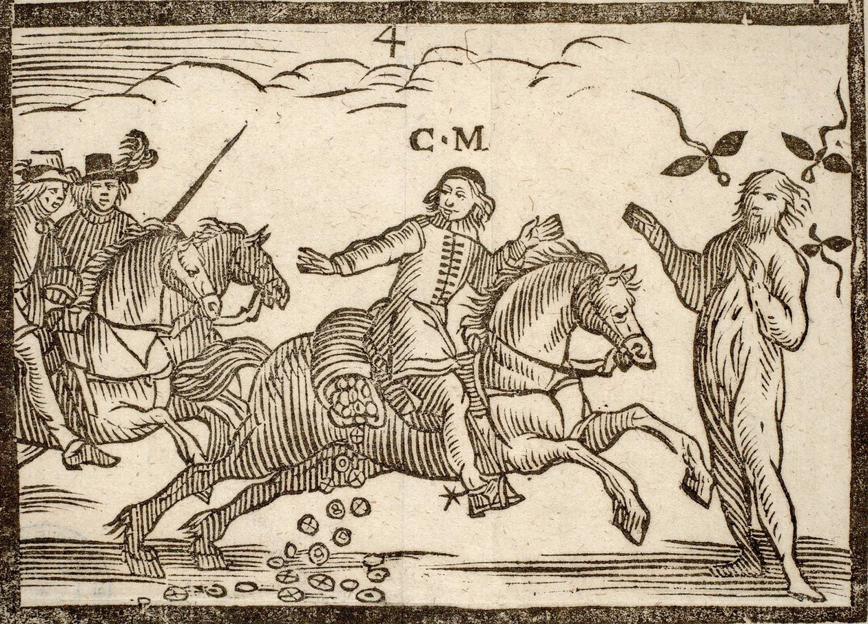 الكتيبات السياسية Mazarinade: Mazarin في رحلته يسقط ecus: ظل Concini ، Marshal of Anchor ، يقف أمامه. نقش الخشب 1651. بواسطة المدرسة الفرنسية