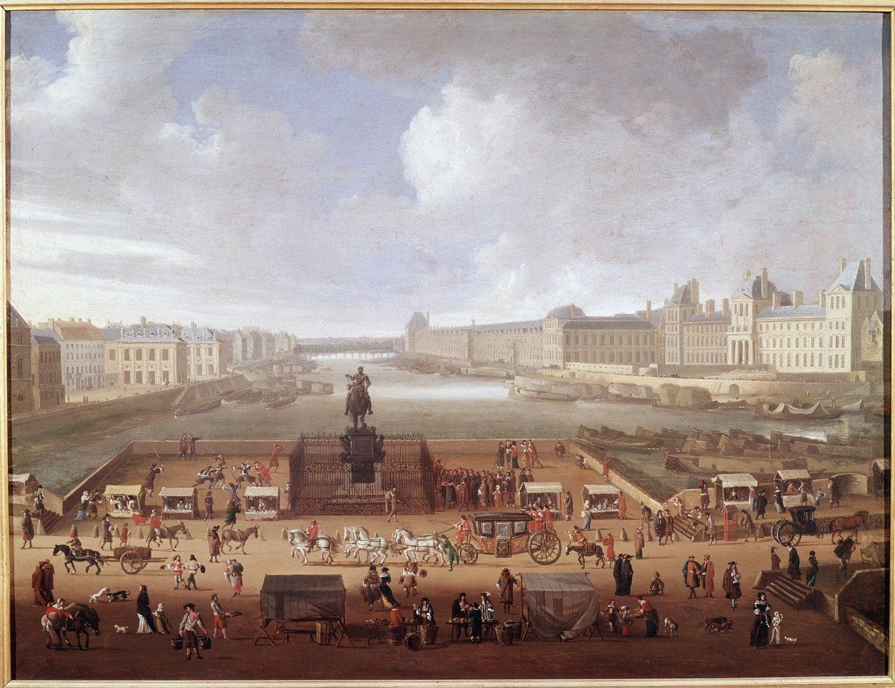 بونت نوف ، باريس ، يُرى من المدخل إلى Place Dauphine تظهر كلية الأمم 4 ، Quai Malaquais ومتحف اللوفر (زيت على قماش بواسطة المدرسة الفرنسية