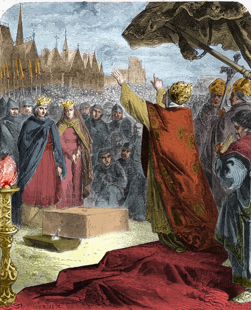 وضع البابا ألكسندر الثالث (أورلاندو باندينيلي) (أليساندرو الثالث) ، في عام 1163 ، الحجر الأول لكاتدرائية نوتردام دي باريس (نوتردام) في حضور الملك لويس السابع ملك فرنسا وإيفيك موريس دي سولي. بواسطة المدرسة الفرنسية