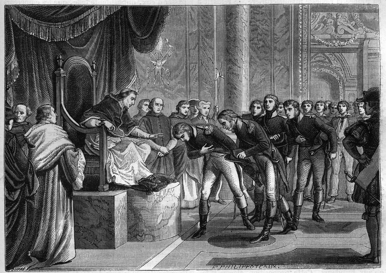 استقبل البابا بيوس السابع (1742-1823) في روما البحارة الفرنسيين أعضاء طواقم الطوب "القديس بطرس" والقديس بولس "الذي قدمه بونابرت كهدية إلى البابا ، أغسطس 1802 - نقش عام 1865 في" التاريخ " du Consulate et de l