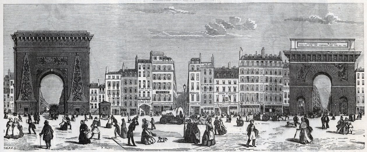 Porte Saint-Denis and rue Faubourg Saint Denis - Porte Saint Martin and rue Faubourg Saint-Martin Engraving in "" Tableau-de-Paris "" لإدموند تيكسييه (1815-1887) بواسطة المدرسة الفرنسية