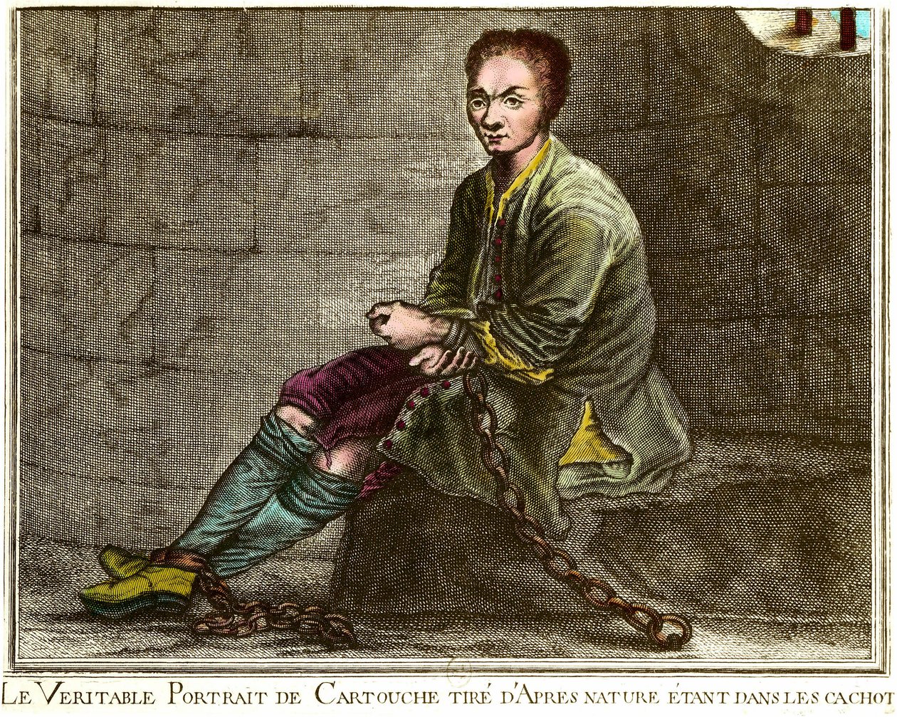 Portrait en pied de Louis Dominique Cartridge (1693-1721), French brigand in his dungeon Engraving of the 18th century Private collection بواسطة المدرسة الفرنسية