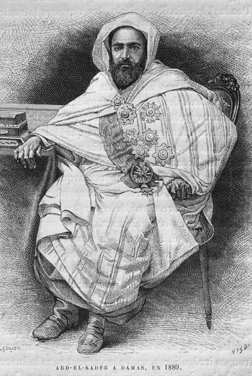 صورة لعبد القادر في دمشق عام 1880 (1808-83) ، من سوريا اليوم. رحلات إلى فينيسيا ولبنان وجودي. 1875-1880 من لويس تشارلز إميل لورت ، 1884 (النقش وزن الجسم) بواسطة المدرسة الفرنسية