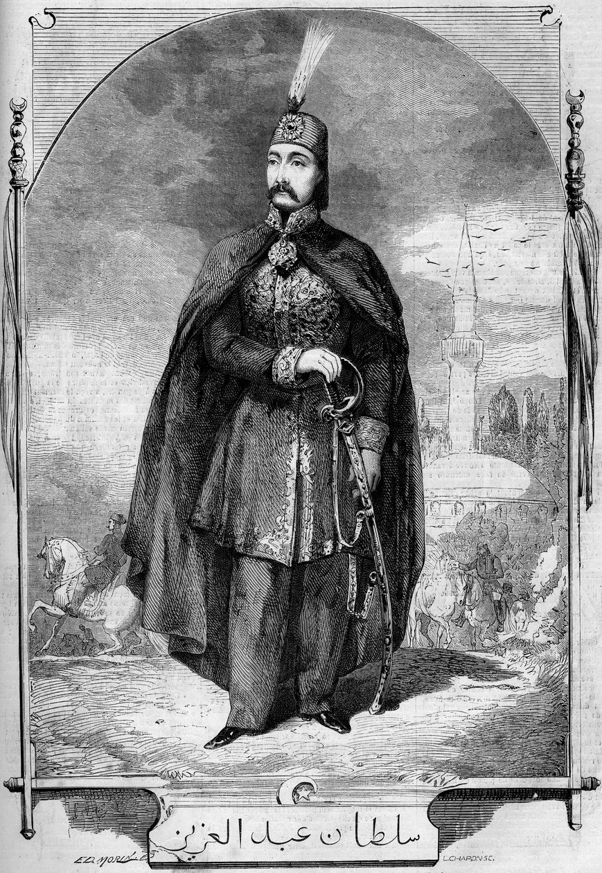 صورة شخصية لعبد العزيز (عبد العزيز أو عبد العزيز أو عبد العزيز) 1830-1876) ، سلطان الدولة العثمانية. نقش في "" Le Monde Illustré "" رقم 224 بتاريخ 27 يوليو 1861. بواسطة المدرسة الفرنسية