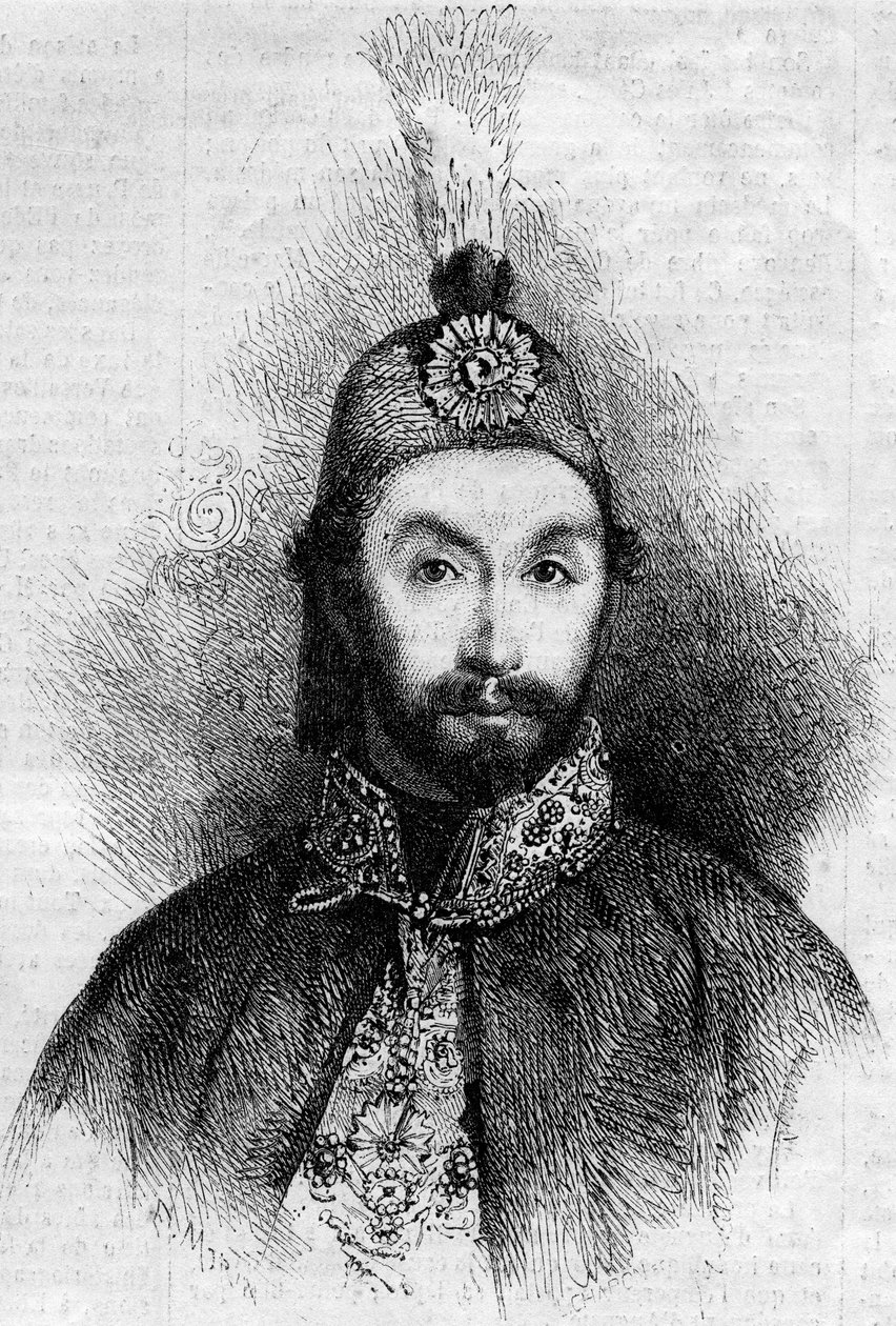 صورة لعبد المجيد الأول (عبد المجيد خان ، عبد المجيد خان) (1823-1861) ، سلطان الدولة العثمانية. نقش في "" Le Monde Illustré "" رقم 221 بتاريخ 6 يوليو 1861. بواسطة المدرسة الفرنسية