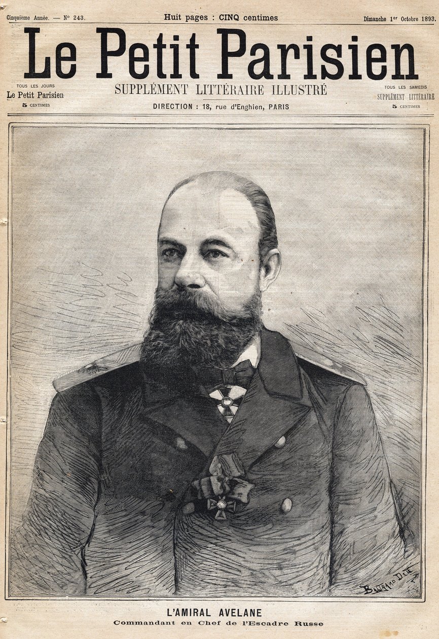 صورة للأدميرال أفلين قائد السرب الروسي. احدى جريدة "Le Petit Parisien" بتاريخ 1/10/1893. بواسطة المدرسة الفرنسية