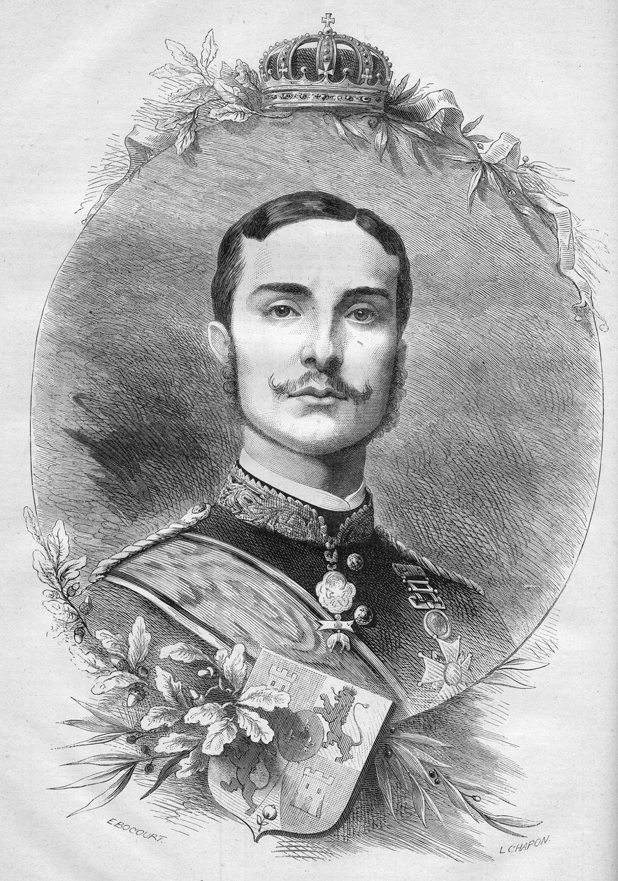 صورة لألفونسو الثاني عشر (ألفونسو) (1857-1885) ، ملك إسبانيا. نقش في "" Le Monde Illustré "" رقم 1085 بتاريخ 19 يناير 1878. بواسطة المدرسة الفرنسية