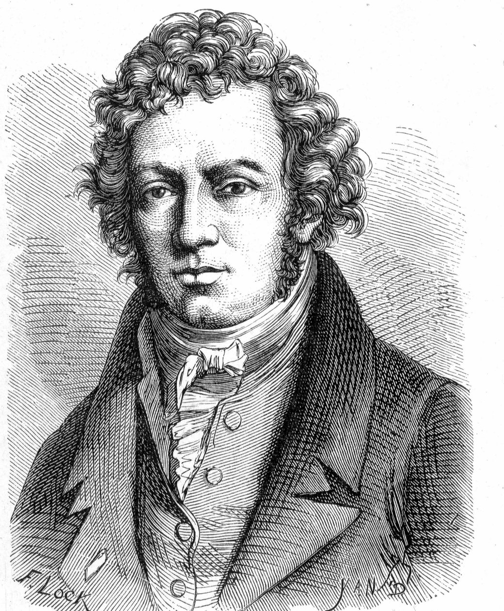 صورة لأندريه ماري أمبير (1775 - 1836) ، عالم فيزياء فرنسي - في ألبوم "" Album de la Science ؛ علماء لامعون الاكتشافات العظيمة "" "1896. بواسطة المدرسة الفرنسية
