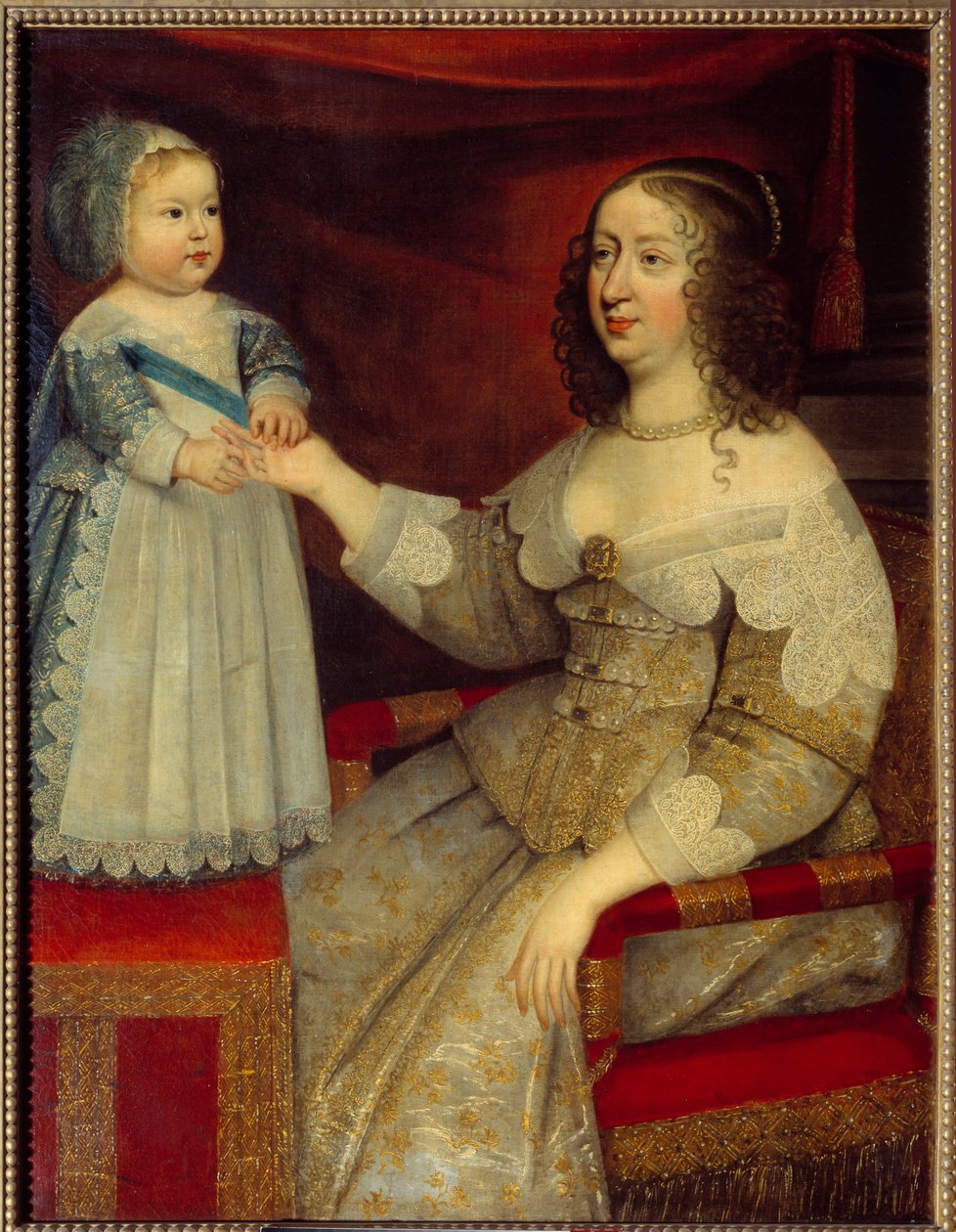 صورة آن ملكة النمسا ، ملكة فرنسا (1601-1666) والطفل الدلفين لويس الرابع عشر (1638-1715) لوحة للمدرسة الفرنسية. قبل 1643. الشمس 1،2x0،96 م بواسطة المدرسة الفرنسية