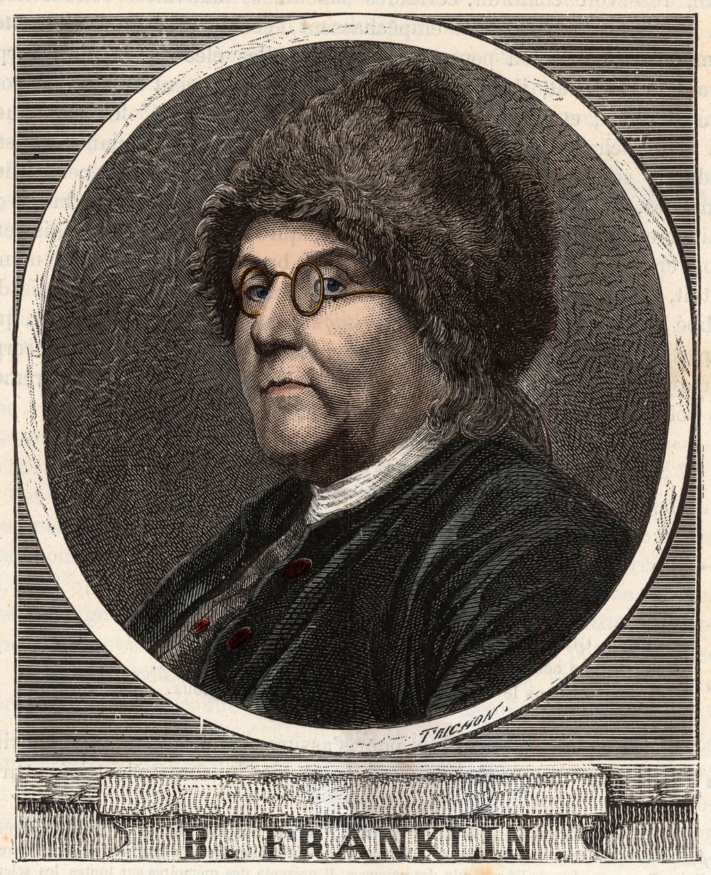صورة لبنيامين فرانكلين (1706-1790) طابعة وناشر وعالم ومخترع ورجل دولة ودبلوماسي أمريكي - صورة بنجامين فرانكلين (1706-1790) ، عالم فيزيائي وفيلسوف وسياسي أمريكي - نقش في "" العلوم التي وصلت إلى متناول الجميع بواسطة المدرسة الفرنسية