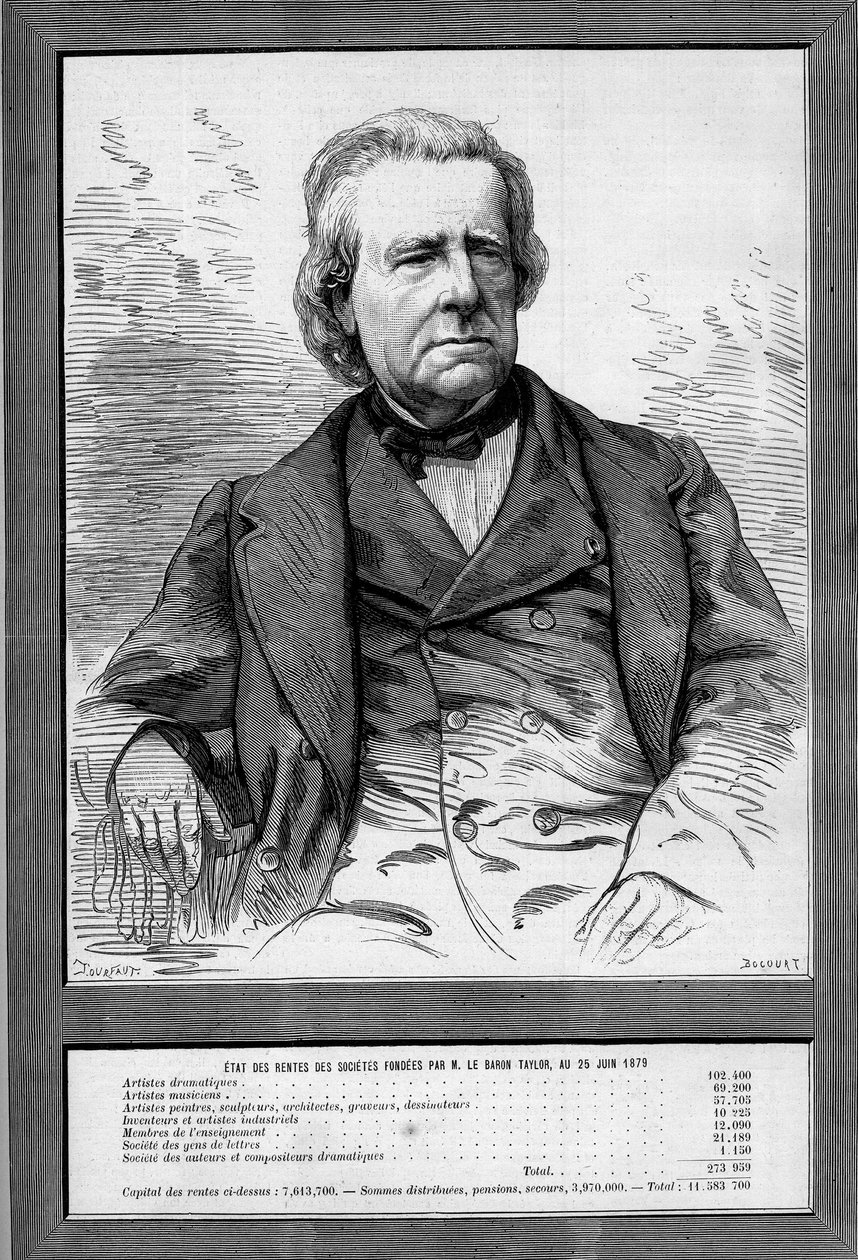 صورة للبارون تايلور (إيزيدور جاستن سيفرين تايلور ، ديت) (1789-1879) ، كاتب مسرحي ومحسن فرنسي. نقش في "" Le Monde Illustré "" رقم 1172 بتاريخ 13 سبتمبر 1879. بواسطة المدرسة الفرنسية