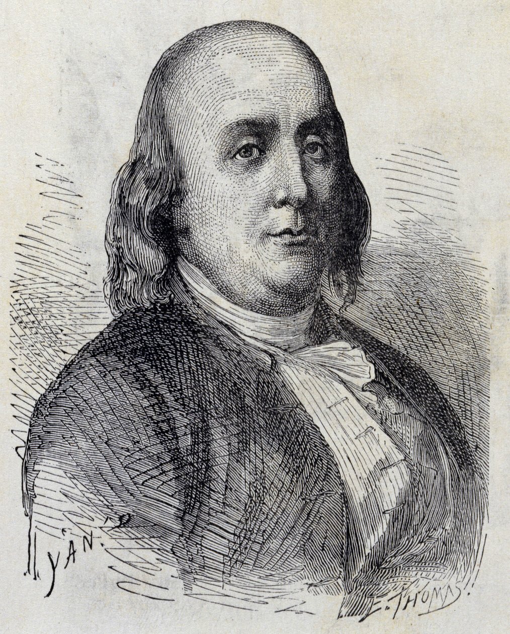 صورة لبنجامين فرانكلين (1706 - 1790) ، سياسي أمريكي ، ذكرى ، كتيب وعالم فيزياء - في ألبوم العلوم ؛ علماء لامعون الاكتشافات العظيمة "" "1896. بواسطة المدرسة الفرنسية