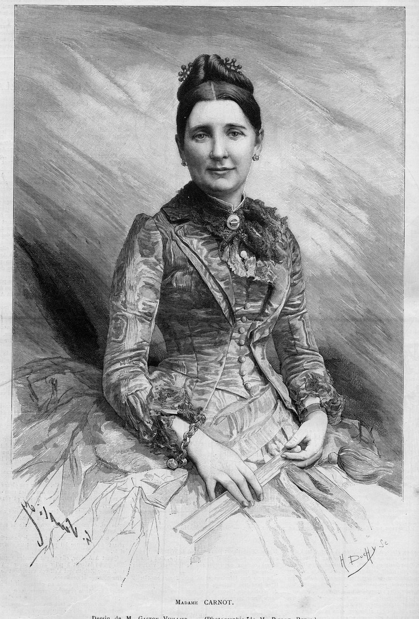 صورة لسيسيل كارنو (ني دوبون وايت أو دوبونت وايت) (1841-1898) ، زوجة سعدي كارنو ، رئيس الجمهورية الفرنسية. نقش في "" Le Monde Illustré "" رقم 1678 بتاريخ 25 مايو 1889. بواسطة المدرسة الفرنسية