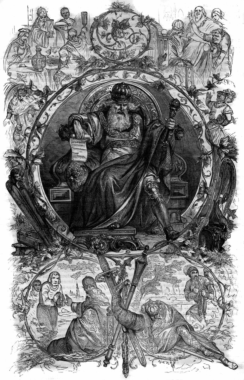صورة لشارلمان (تشارلز الأول المعروف باسم تشارلز الأكبر ، 742-814). نقش في "Histoire des Papes-Rois-Queen and Empereurs عبر القرون" بقلم موريس لاتشاتر بواسطة المدرسة الفرنسية