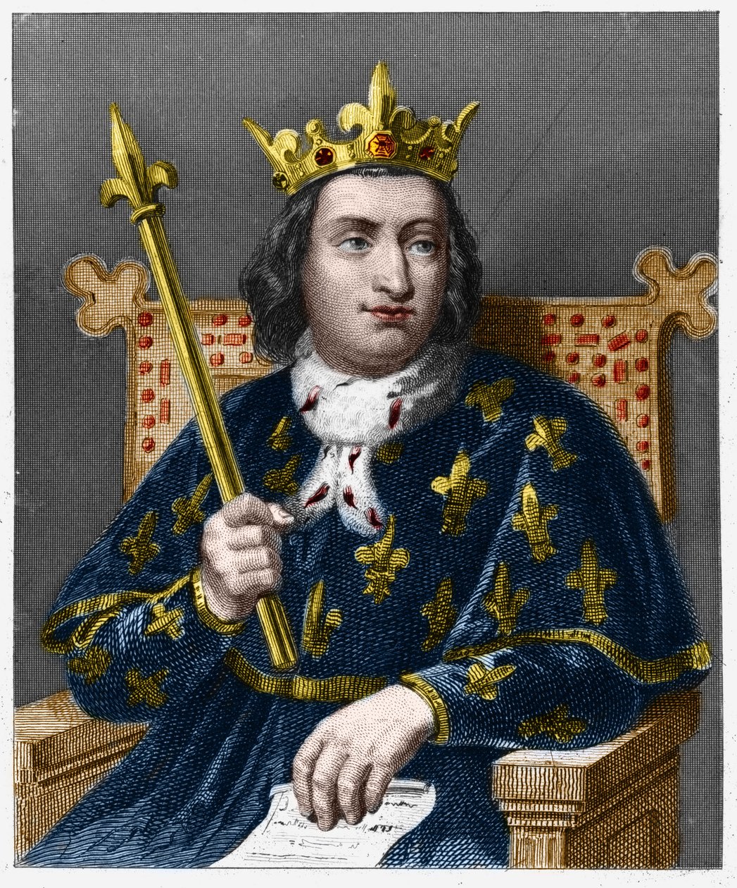 صورة لشارل الخامس الحكيم (1338 - 1380) ، ملك فرنسا - في "" Histoire des Francais "" للافالي ، نقش ، بدون تاريخ. بواسطة المدرسة الفرنسية