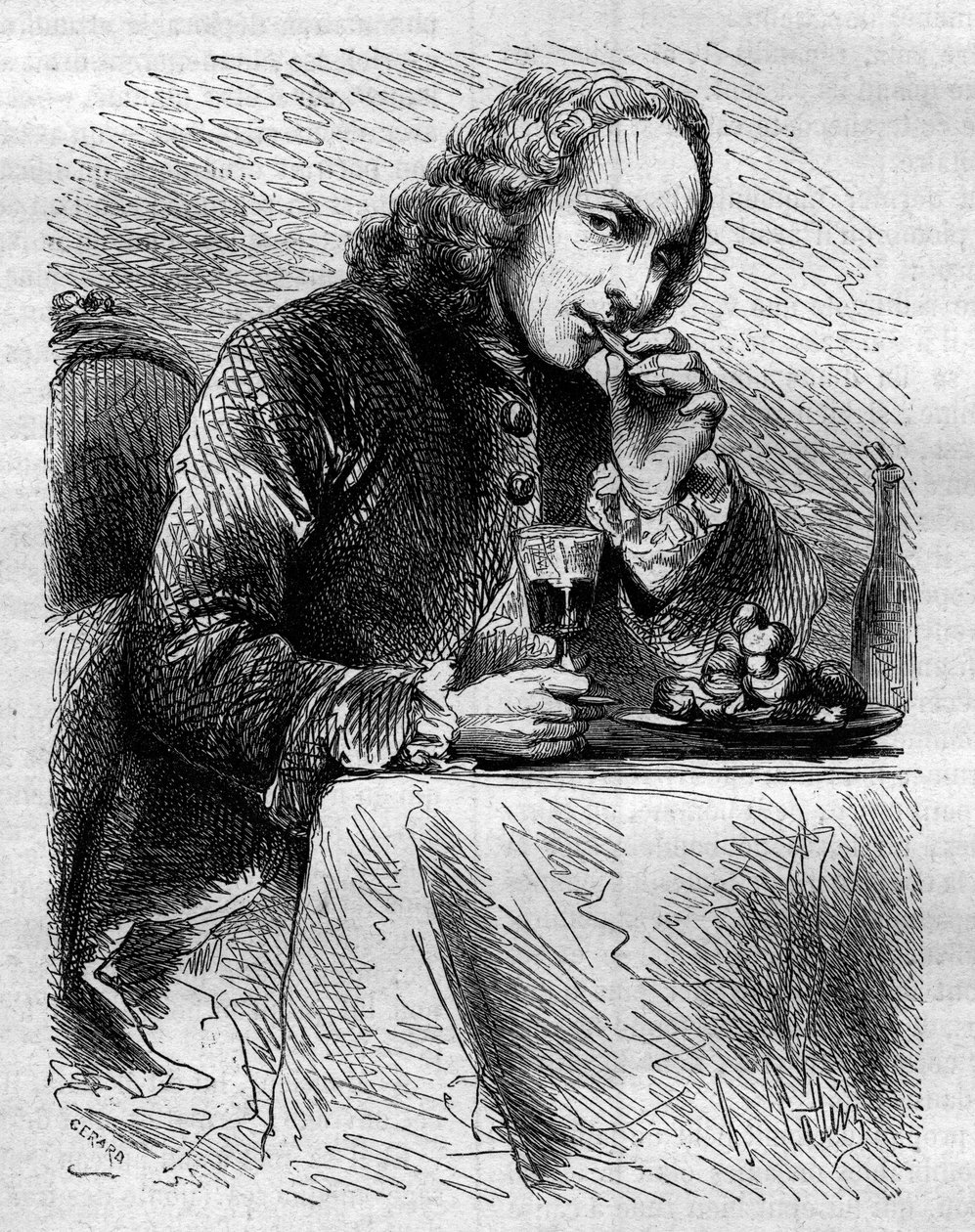 صورة شخصية لكلود هنري دي فوسي دي فويسينون (1708-1775) ، رجل الكنيسة الفرنسي والشاعر والكاتب المسرحي ، يمثله صانع الحلويات في كوتيرتس. نقش من 1858. بواسطة المدرسة الفرنسية