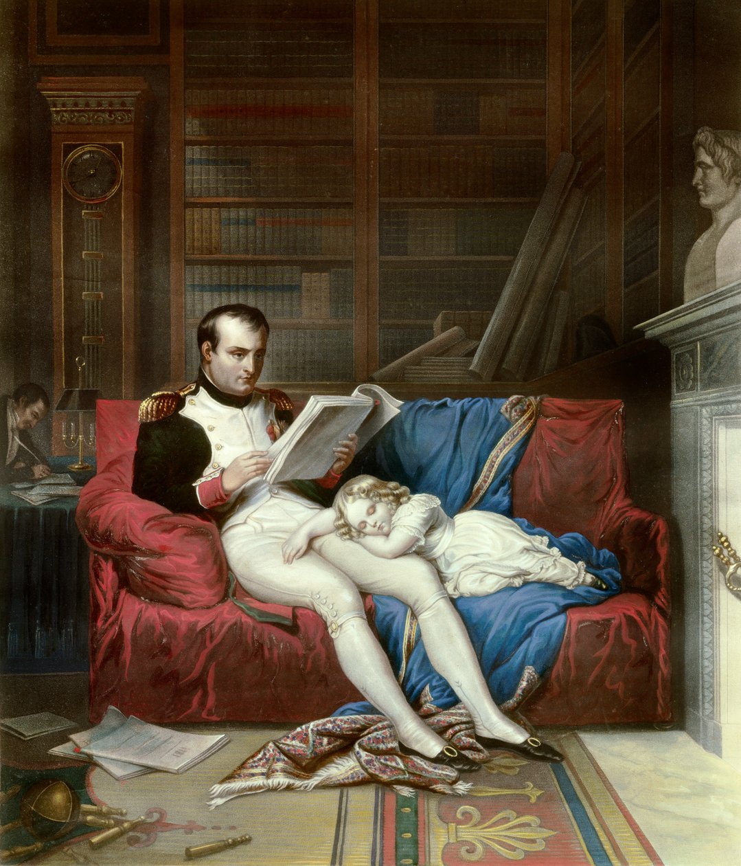 Portrait of Emperor Napoleon I (1769-1821) and his son King of Rome Napoleon II, Duke of Reichstadt (1811-1832) slept on his lap. Engraving of the 19th century Malmaison, musee du chateau بواسطة المدرسة الفرنسية