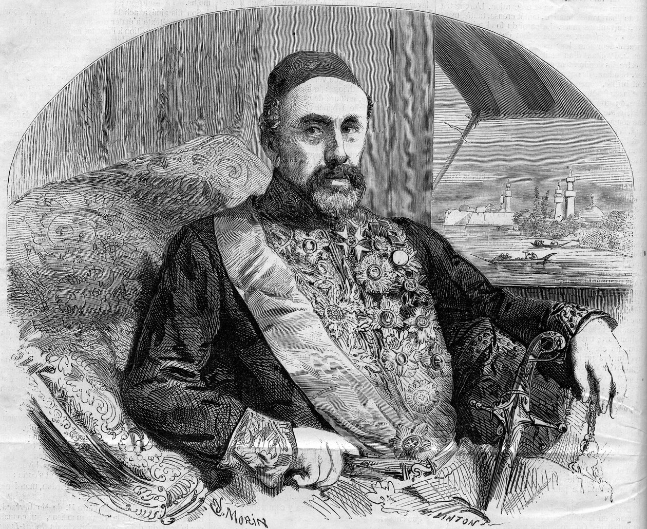 صورة فؤاد باشا (1815-1869) سياسي تركي وسفير. نقش مورين في "" العالم المصور "" رقم 65 الصادر في 10 يوليو بواسطة المدرسة الفرنسية