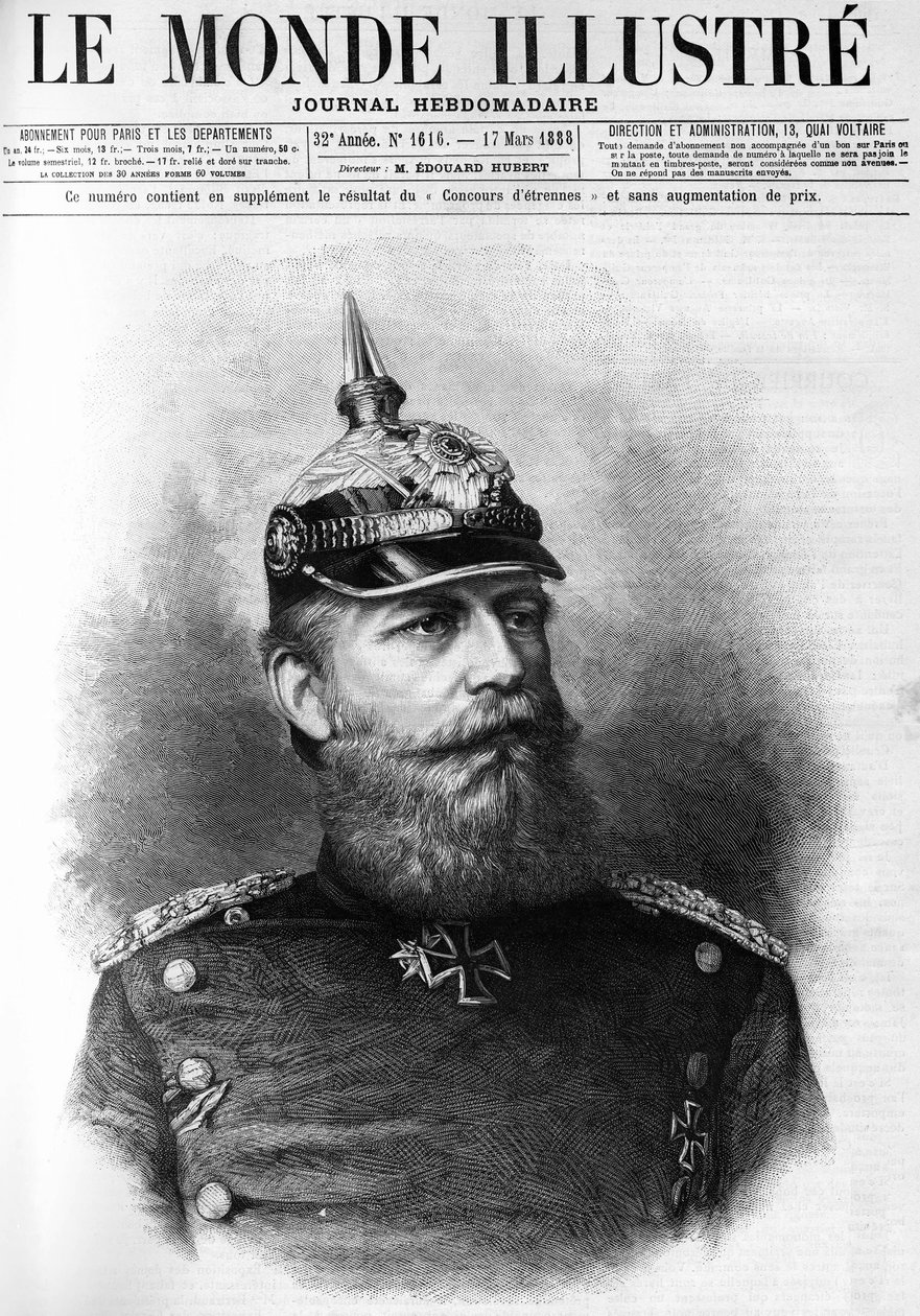 صورة شخصية لفريدريك الثالث ملك بروسيا (1831-1888) في "العالم المصور" عام 1888. بواسطة المدرسة الفرنسية
