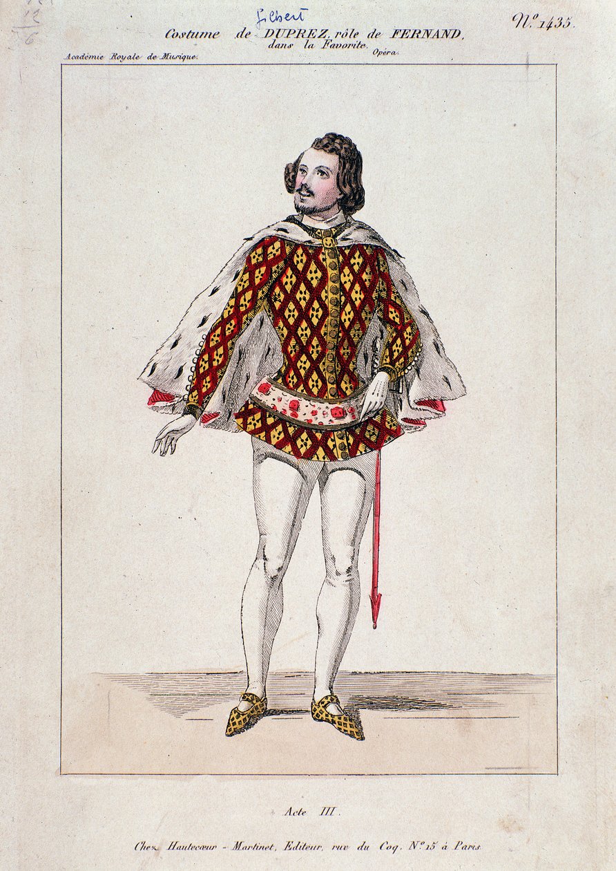 صورة لجيلبرت دوبريز ، التينور والملحن الفرنسي في "La Favourite" بقلم Gaetano Donizetti (نقش ملون) بواسطة المدرسة الفرنسية
