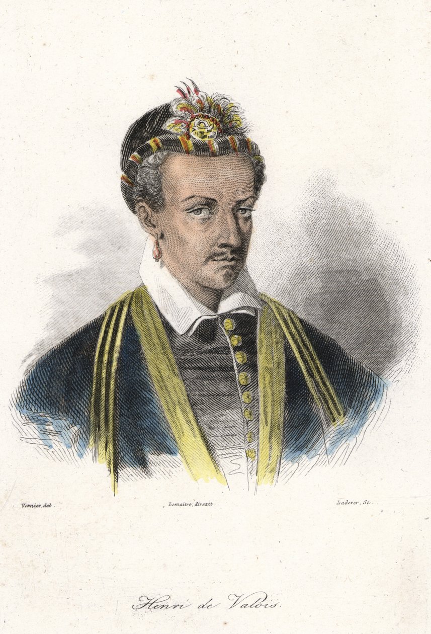 صورة لهنري الثالث (1551 - 1589) ، ملك فرنسا. (مع قرط). نقش القرن التاسع عشر. بواسطة المدرسة الفرنسية