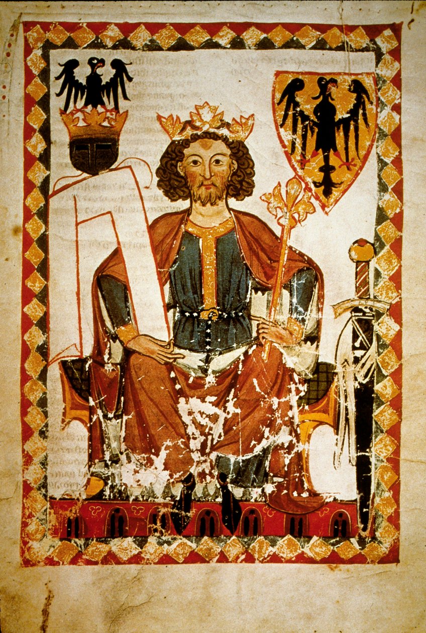 صورة لهنري السادس (1165-97) ، ملك ألمانيا ، صقلية وإمبراطور الإمبراطورية الرومانية المقدسة. صورة مصغرة لمخطوطة "مانيس" بواسطة المدرسة الفرنسية