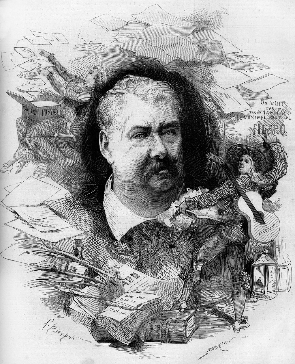 صورة شخصية هيبوليت دي فيلميسانت (1810-1879) ، الصحفي الفرنسي ، مؤسس "فيجارو". نقش في "" Le Monde Illustré "" رقم 1151 بتاريخ 19 أبريل 1879. بواسطة المدرسة الفرنسية