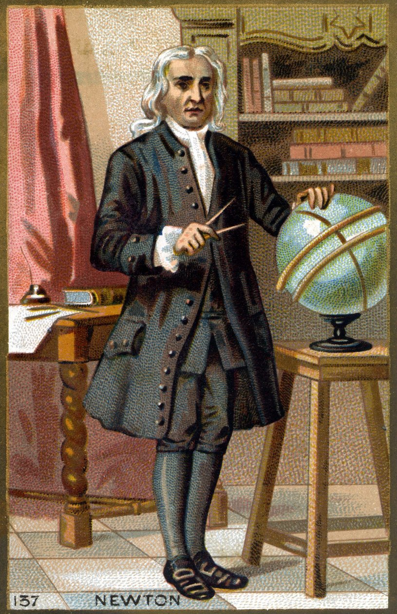صورة لإسحاق نيوتن (1642-1727). الطباعة الحجرية الملونة في أواخر القرن التاسع عشر. بواسطة المدرسة الفرنسية