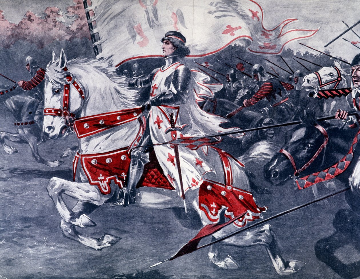 صورة لجان دارك على ظهور الخيل مع العلم الملكي ، أواخر القرن التاسع عشر في فرنسا. بواسطة المدرسة الفرنسية
