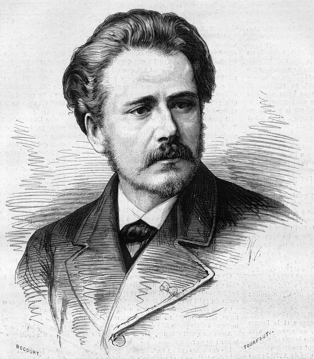 صورة لجول ماسينيت (1842-1912) ، الملحن الفرنسي. نقش في "" Le Monde Illustré "" رقم 1047 بتاريخ 5 مايو 1877. بواسطة المدرسة الفرنسية