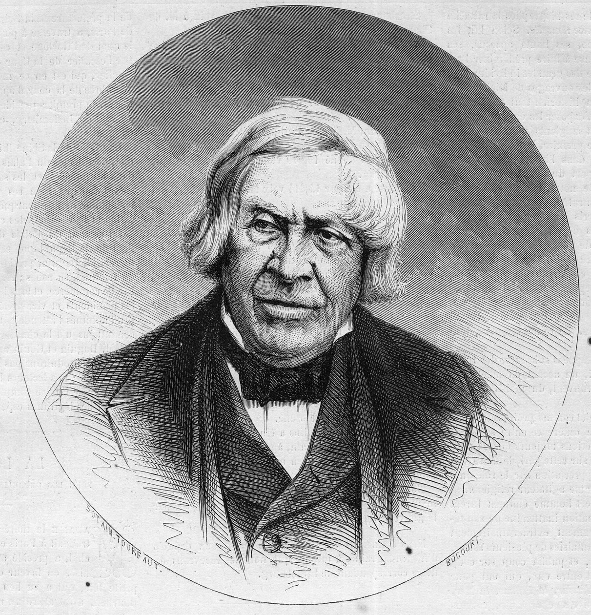صورة لجول ميشليه (1798-1874) ، مؤرخ وكاتب فرنسي. نقش في "" Le Monde Illustré "" رقم 879 بتاريخ 14 فبراير 1874. بواسطة المدرسة الفرنسية