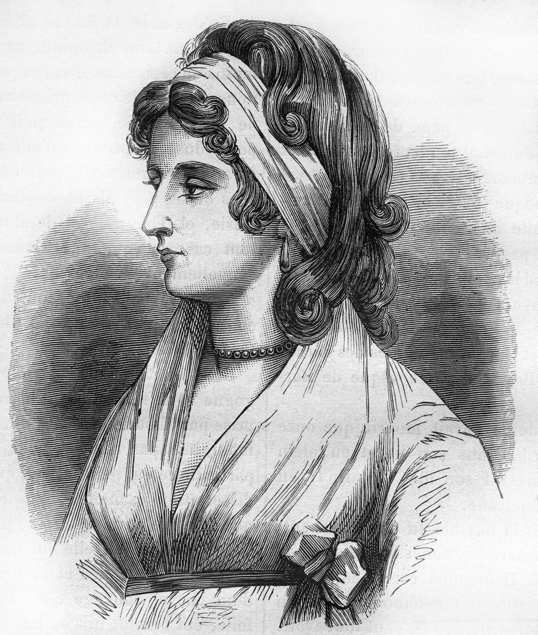 صورة لليدي هاميلتون (إيما ليونز) (1765-1815) عشيقة هوراشيو نيلسون ديت الأدميرال نيلسون (1758-1805). نقش في "تاريخ الدعارة والفجور بين جميع شعوب العالم من العصور القديمة وحتى يومنا هذا" للدكتور ث. -F. ديبريه بواسطة المدرسة الفرنسية
