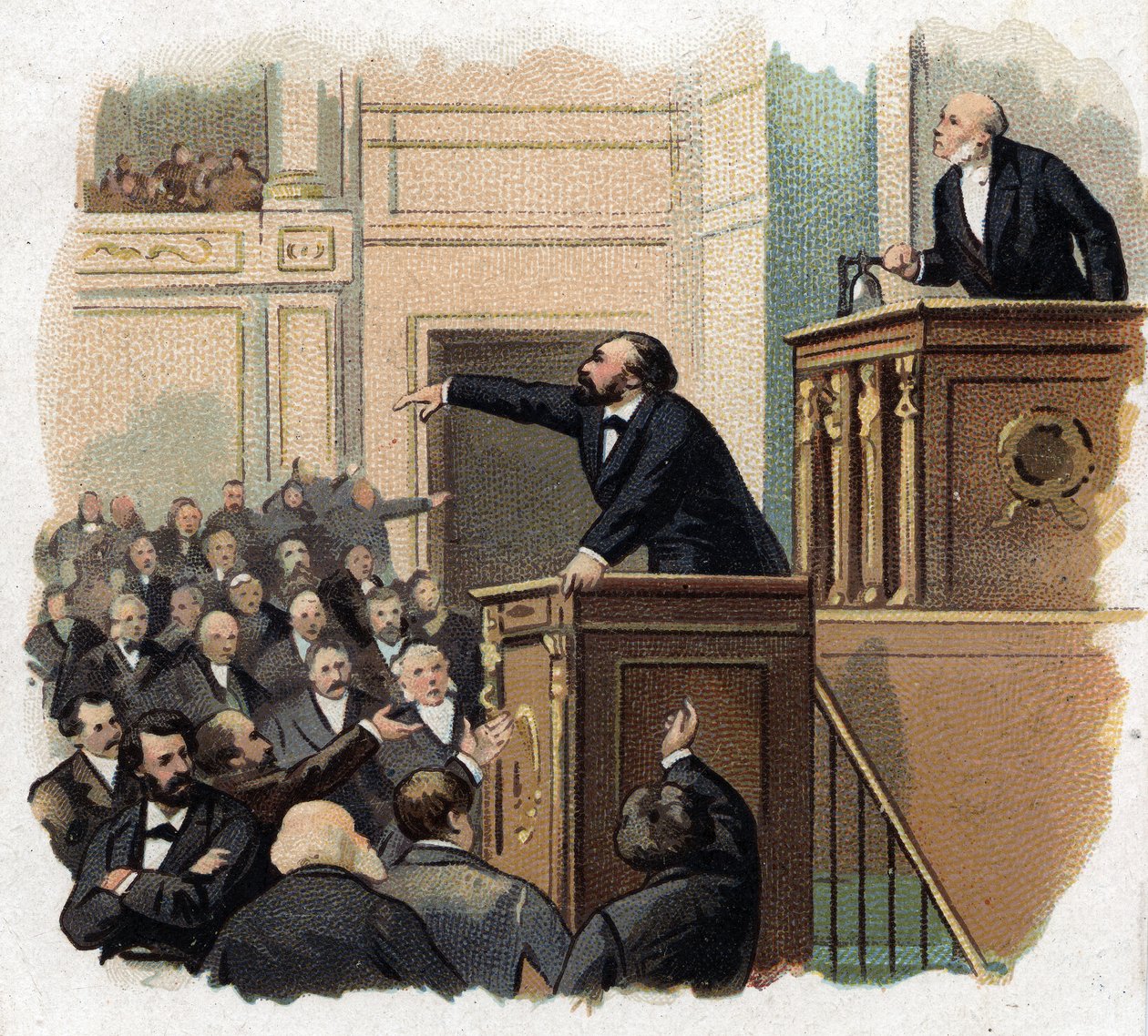 صورة ليون جامبيتا (1838 - 1882) في المعرض. Chromolithography (Chromo) من بداية القرن العشرين. بواسطة المدرسة الفرنسية