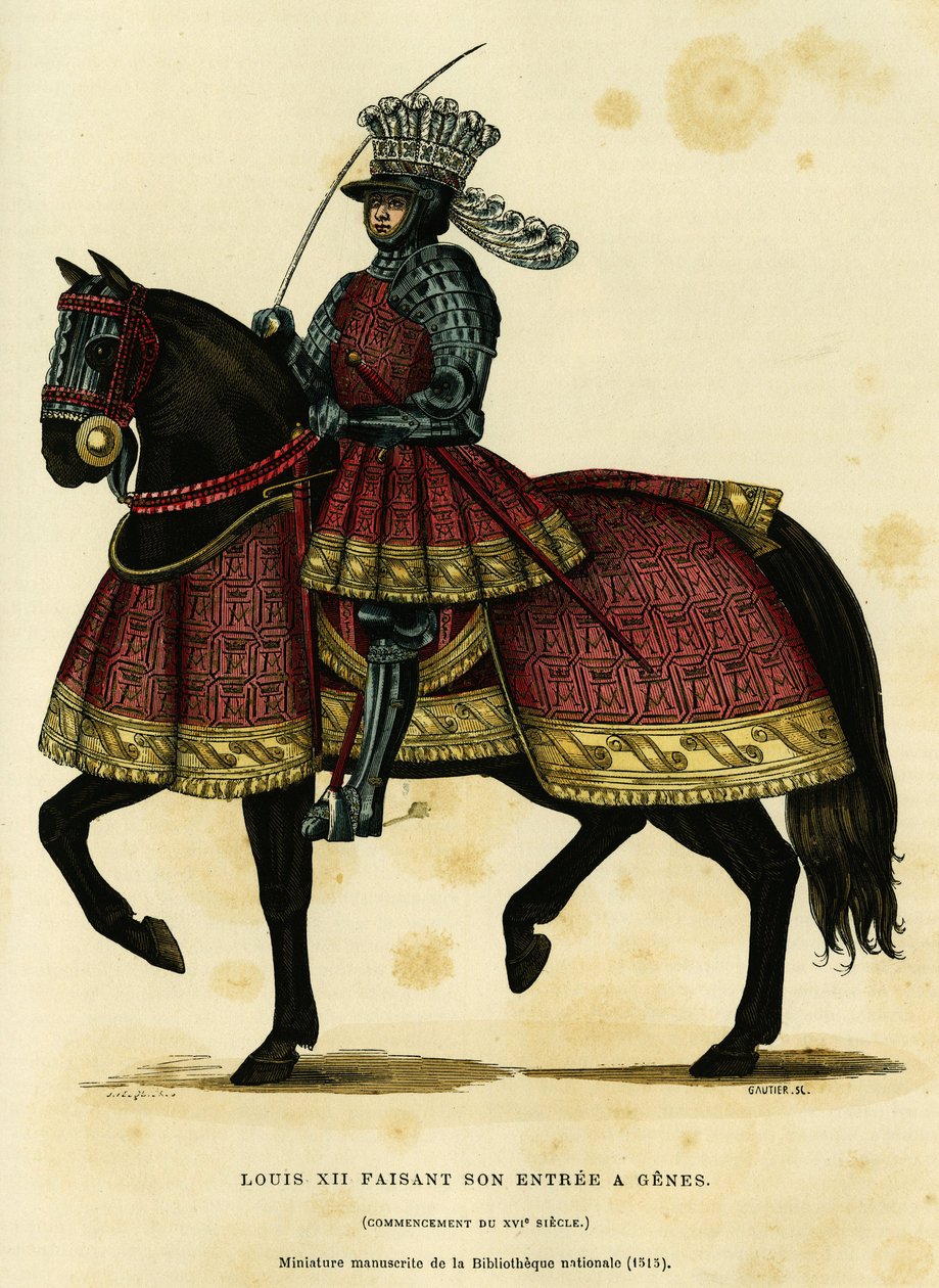 صورة لويس الثاني عشر ملك فرنسا (1462-1515) ، يدخل الجينات في 26 أغسطس 1502. نقش ملون بعد مخطوطة مصغرة للمكتبة الوطنية (1515) ، في "فرنسا وآخرون عبور القرون" لأوغستين شالميل ، روي بواسطة المدرسة الفرنسية