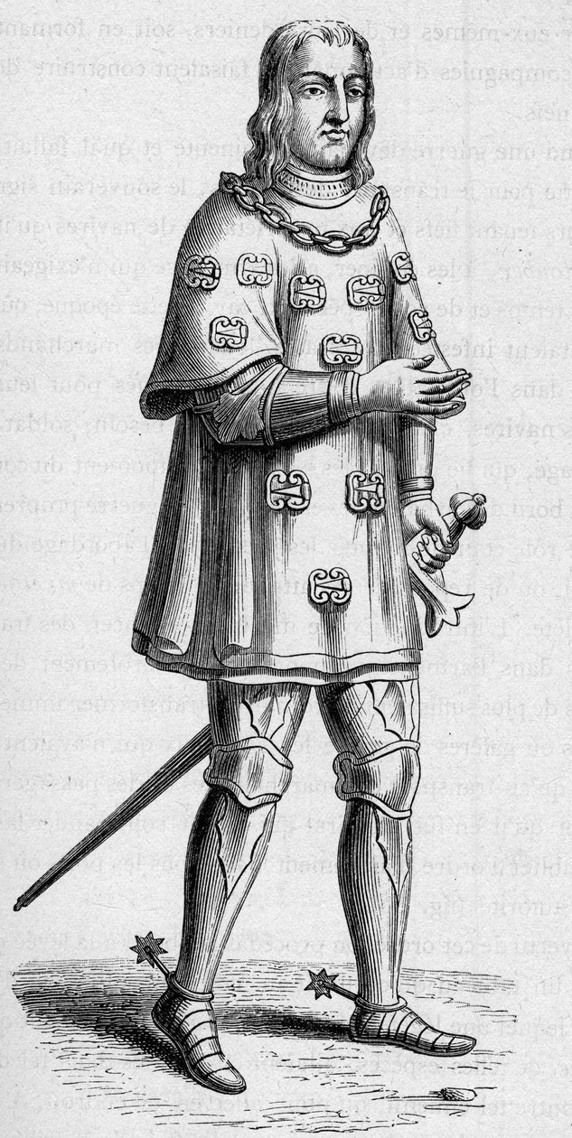 صورة لويس دي ماليه ، لورد جرافيل (حوالي 1441 - 1519) ، أميرال فرنسا عام 1487 ، في زي الحرب والبطولة. نقش في "La Marine et les Colonies: Commerce" بواسطة المدرسة الفرنسية