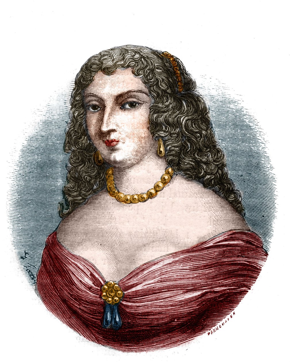 صورة لسيدة Mademoiselle de la Fayette (Louise de La Fayette 1618-1665) في العنوان ولكن بدون وظائف للملك لويس الثالث عشر شهدت عجز الأب "" نقش في "Histoire des papes-kings-queens-et-empereurs a travers les قرون "" "بواسطة ماو بواسطة المدرسة الفرنسية