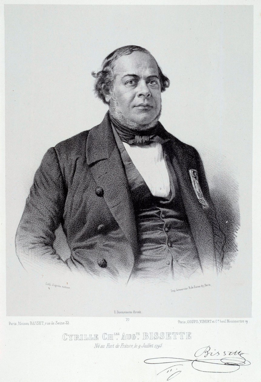 صورة للسياسي المارتنيكي سيريل تشارلز أوغست بيسيت (1795-1858) ، وهو مؤيد كبير لإلغاء الرق في فرنسا. نقش من القرن التاسع عشر شارتر ، متحف الفنون الجميلة بواسطة المدرسة الفرنسية