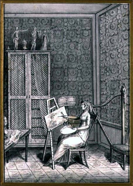 صورة السيدة. ماري آن مارغريت جيرارد (1761-1837) في الاستوديو الخاص بها ، حوالي عام 1790 (قلم حبر وحبر مغسول على الورق) بواسطة المدرسة الفرنسية