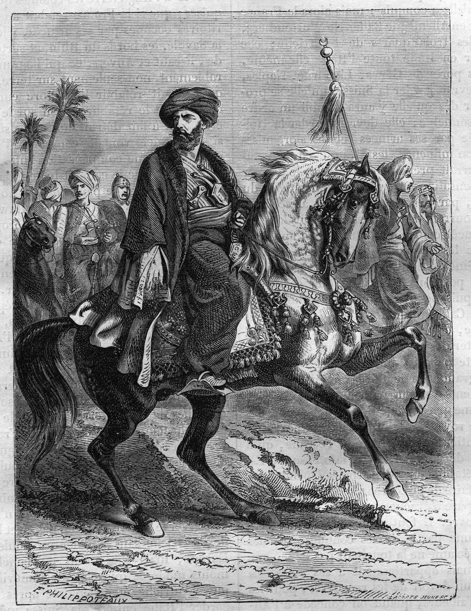 صورة لمراد بك (1750-1801) ، الزعيم المملوكي - نقش من عام 1865 في "تاريخ القنصلية وآخرون" للويس أدولف تيير - صورة الزعيم المملوكي المصري (1750-1801) - نقش من "" تاريخ القنصلية والإمبراطورية بواسطة المدرسة الفرنسية