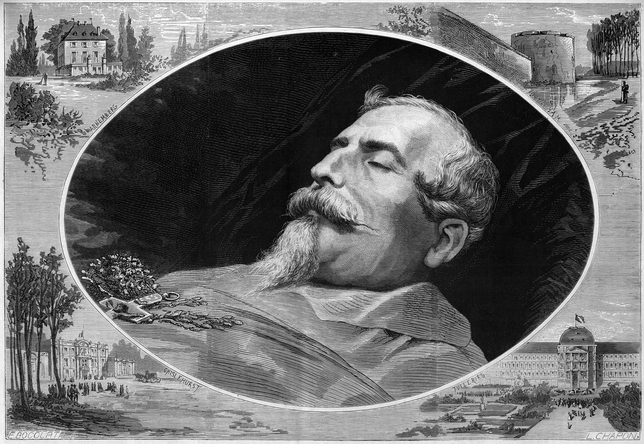 صورة لنابليون الثالث (1808-1873) وهو على فراش الموت. نقش في "" Le Monde Illustré "" رقم 824 بتاريخ 25 كانون الثاني (يناير) بواسطة المدرسة الفرنسية