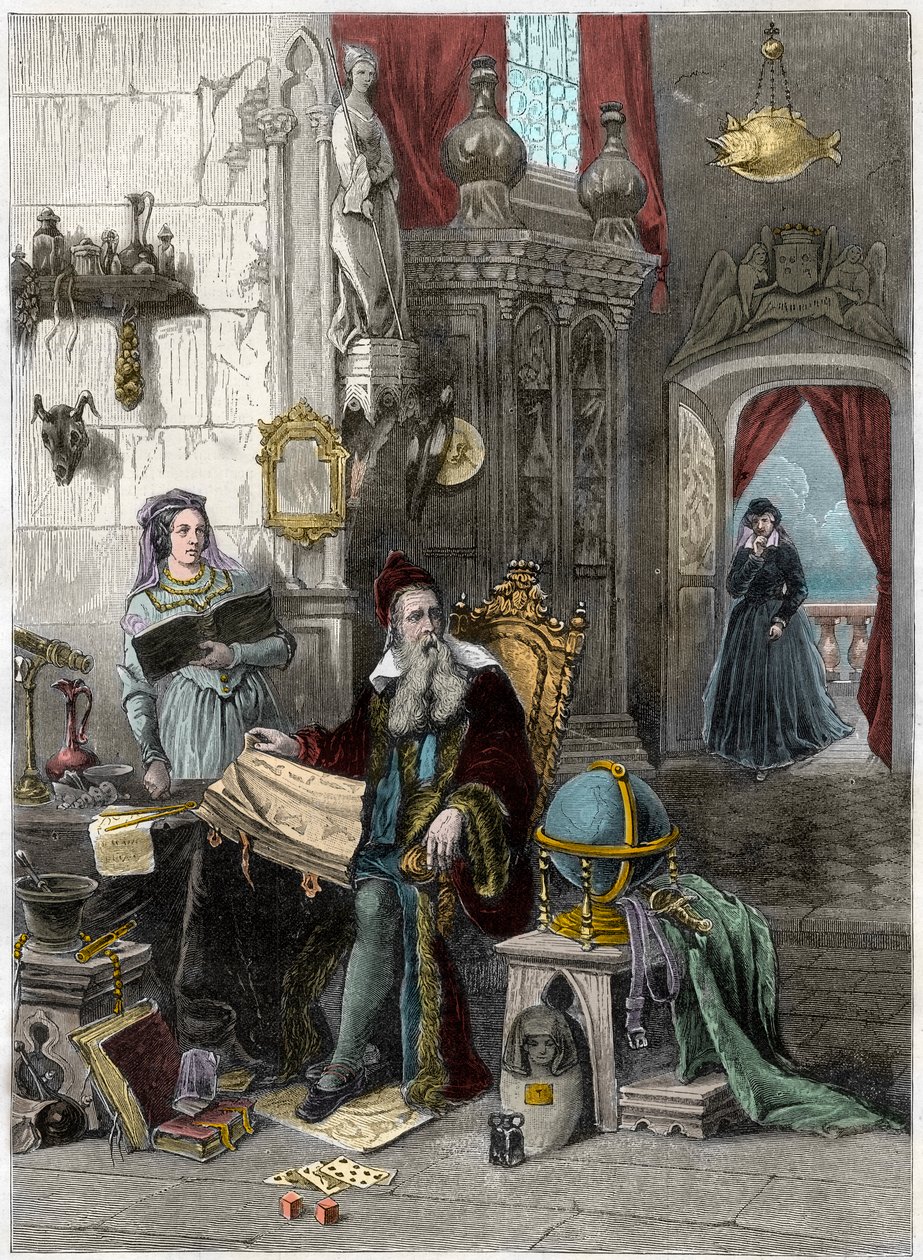 صورة لنوستراداموس ، ميشيل دي نوتردام (1503-1566) منجم وطبيب فرنسي مع كاترين دي ميديسي (كاترينا دي ميديشي) (1519 - 1589) - القرن التاسع عشر (نقش) بواسطة المدرسة الفرنسية