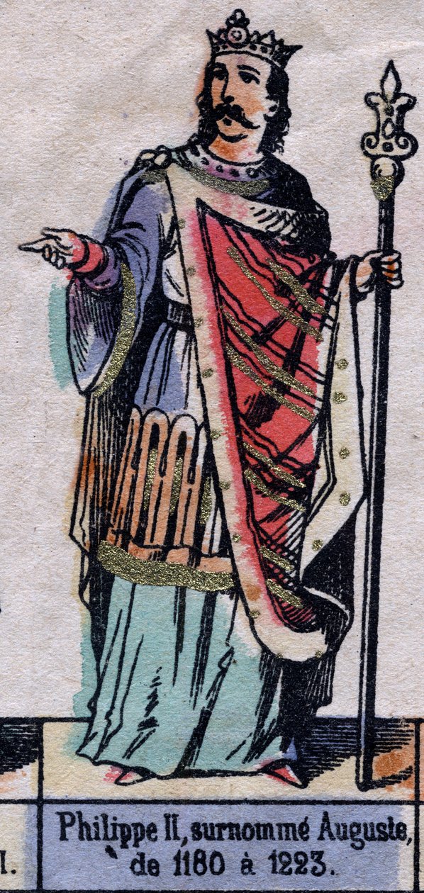 صورة شخصية لفيليب الثاني ملك فرنسا ، المعروف باسم فيليب أوغست (1165-1223) (سلالة الكابيتيون). التوضيح أواخر القرن التاسع عشر. بواسطة المدرسة الفرنسية