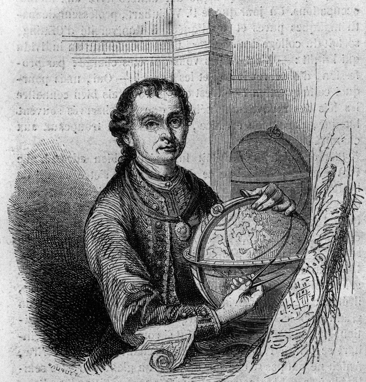 صورة شخصية لبيير (بيتر) أنيش (1723-1766) ، عالم فلك ورسام كارثوري في تيرول ، وهو يحمل كرة أرضية وبوصلة. نقش في "" Le Magasin الخلابة "" بواسطة المدرسة الفرنسية