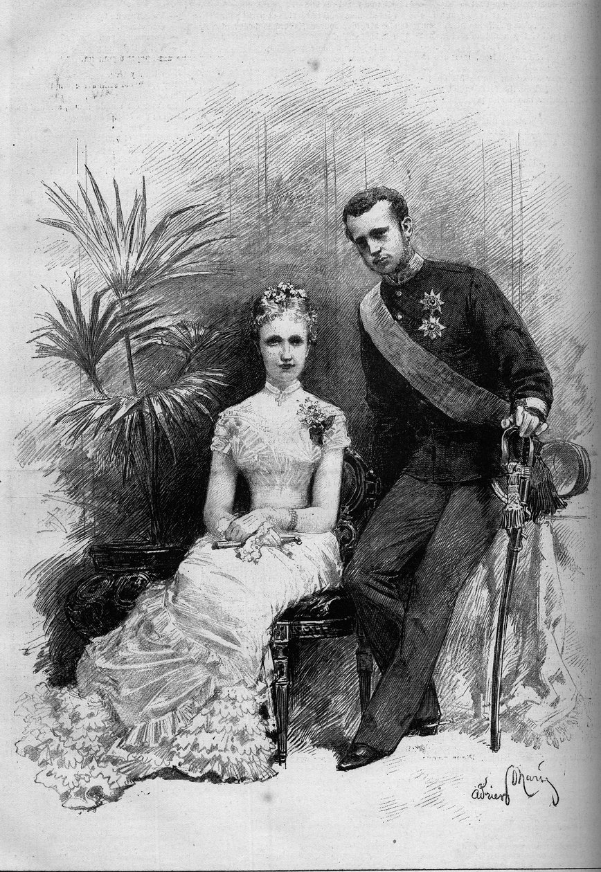 صورة للأميرة البلجيكية ستيفاني (1864-1945) وأرشيدوق النمسا رودولف (1858-1889). نقش في "" Le Monde Illustré "" رقم 1209 بتاريخ 29 مايو 1880. بواسطة المدرسة الفرنسية