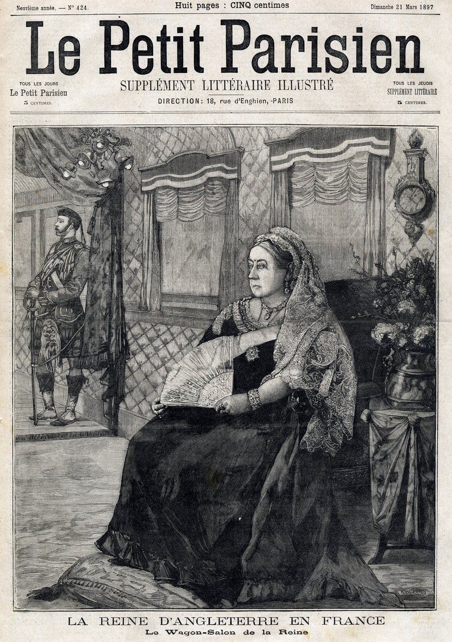 صورة لملكة إنجلترا فيكتوريا (1819-1901) وهي تسافر عبر فرنسا في صالون واجن الخاص بها. الصفحة الأولى من جريدة Le petit Parisien الفرنسية. 21 مارس بواسطة المدرسة الفرنسية